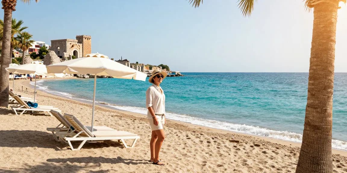 Traveler enjoying Antalya weather in November on a beautiful beach