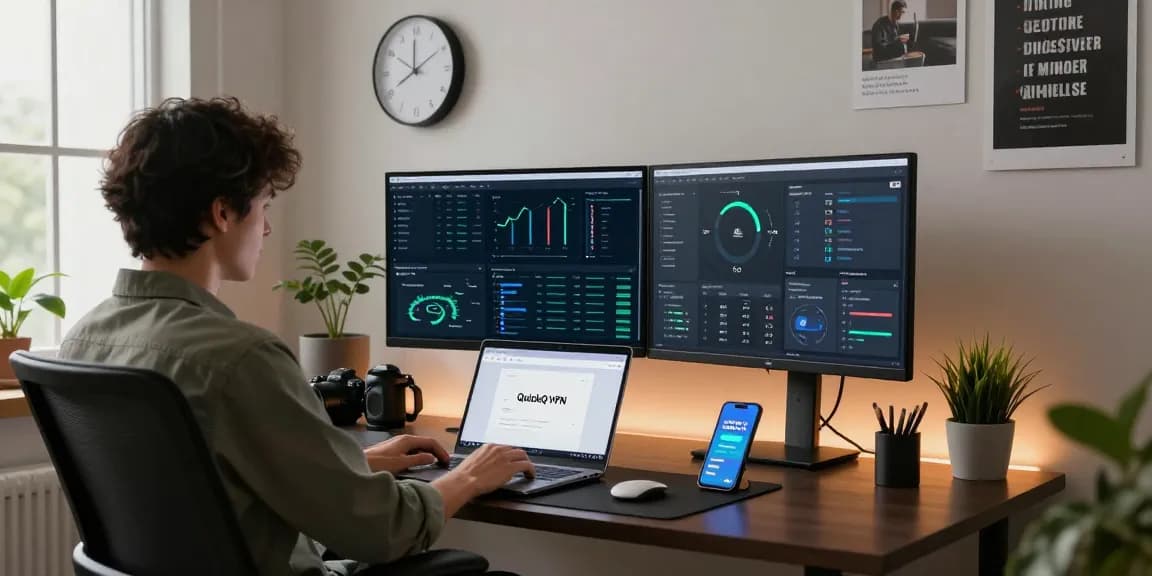 在现代科技工作空间笔记本电脑上配置QuickQ VPN，双显示器显示分析数据。