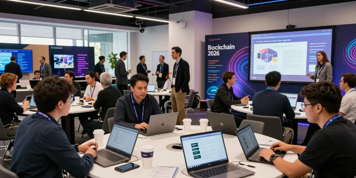 Networking at a blockchain 2026 conference showcasing new innovations and technology.