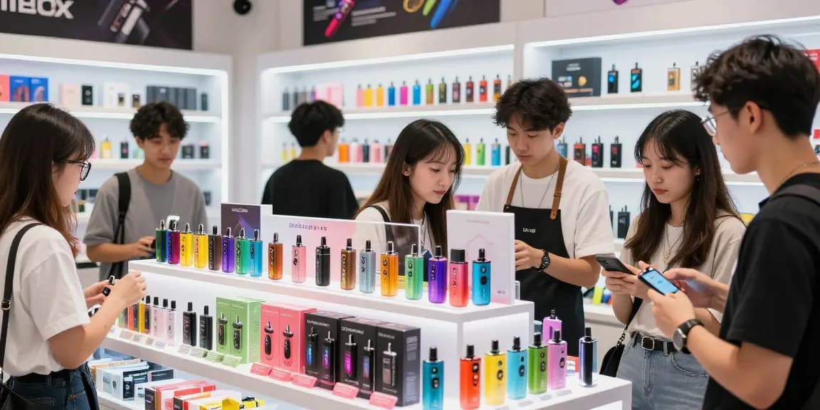 top disposable vapes shop in usa showcasing colorful disposable vape options and engaging customers in a modern retail setting.