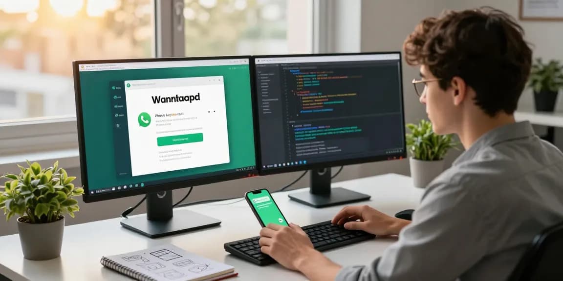 Resolving WhatsApp下載 issues in a modern tech workspace with dual monitors and coding software.