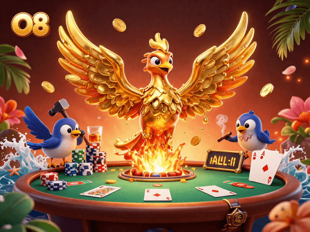 Win big with O8 as the golden phoenix rises amidst poker chips and cards in a vibrant casino