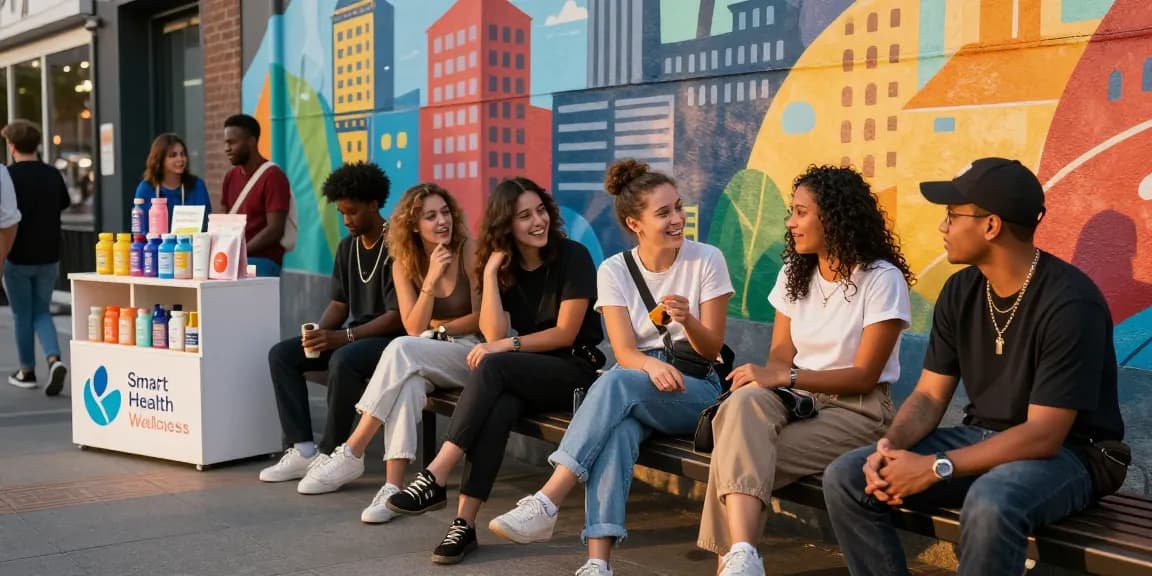 Buy cocaine powder online with vibrant urban friends discussing health and wellness in a lively street scene.