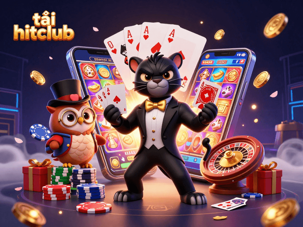 Tải hitclub and experience thrilling casino excitement with stylish characters dealing cards.
