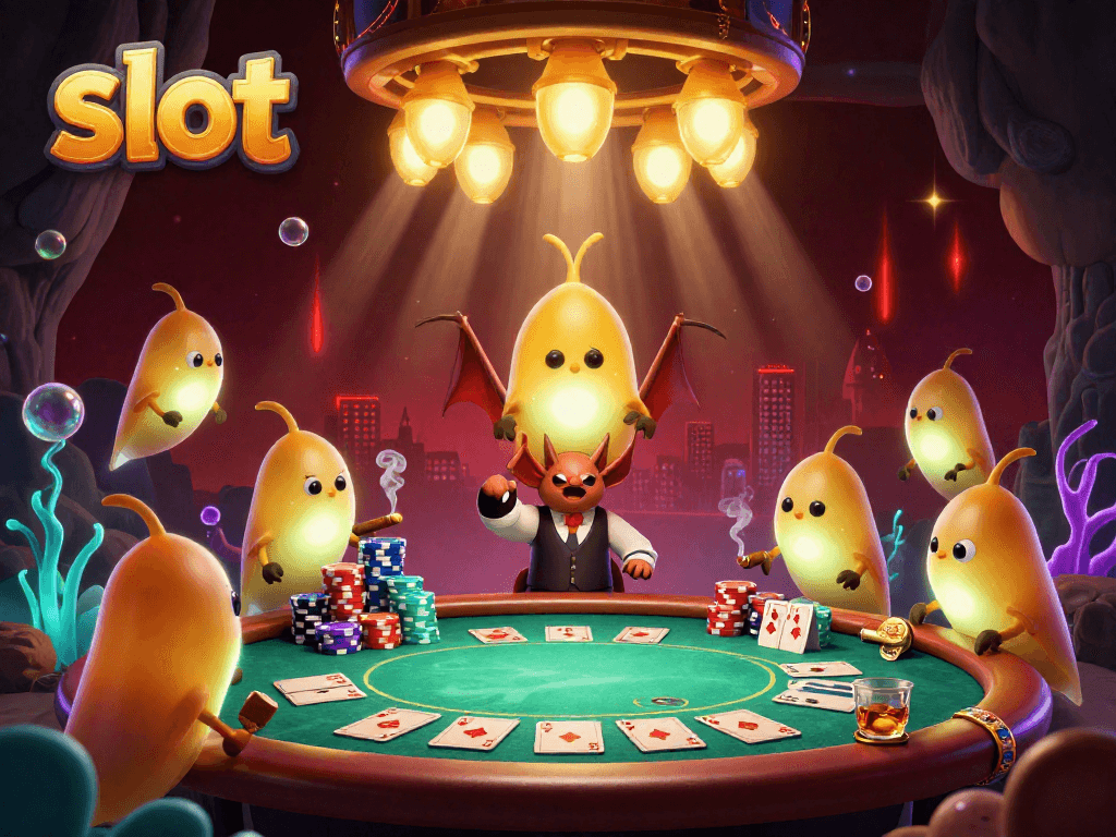 Spin the slot reels to win at this vibrant cave casino lit by glowworms and a bat dealer.