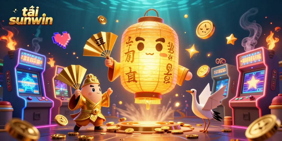 Engage in thrilling fun with tải sunwin amidst a vibrant casino scene filled with golden lanterns and games.