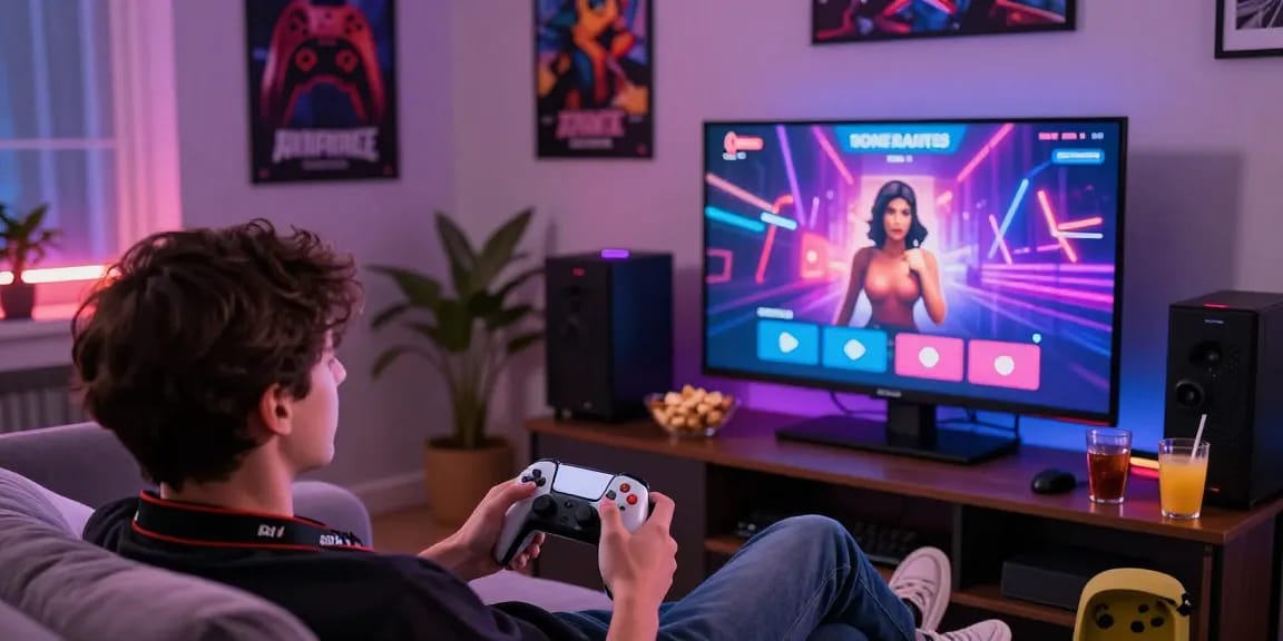 Enjoying a free porn game experience in a cozy home setting with vibrant gaming elements.