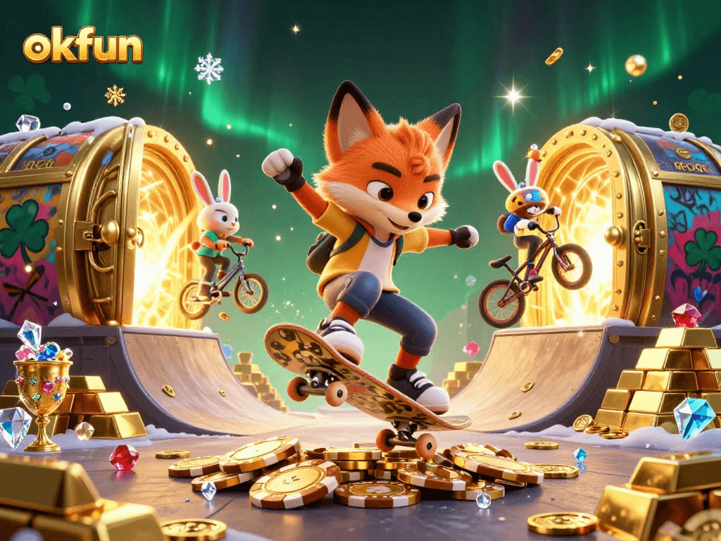 Experience the thrill at okfun with a vibrant 3D scene of a skateboarder fox and BMX rabbit celebrating casino wins.