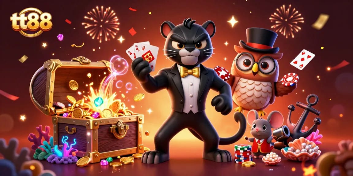 Experience tt88 gaming with stylish characters and casino elements in a vibrant 3D scene.
