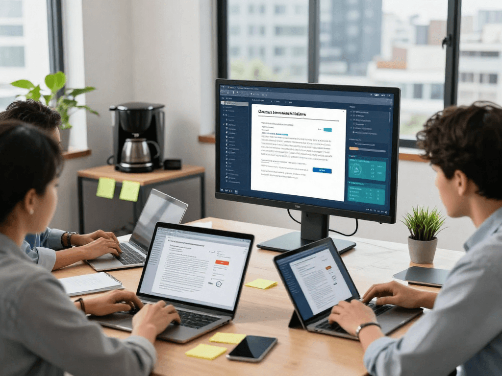 Document fraud detection team analyzing digital documents with alerts in a modern office.