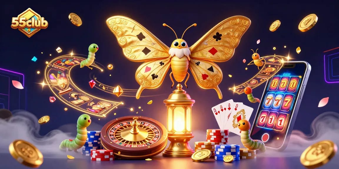 Experience the thrill of 55club with vibrant 3D casino elements showcasing golden wings and dynamic gaming action.