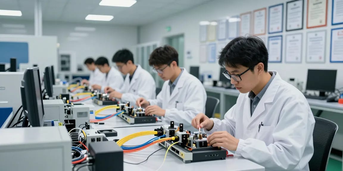 Engineers assembling fiber optic cables, highlighting precision in fiber cable manufacturing.