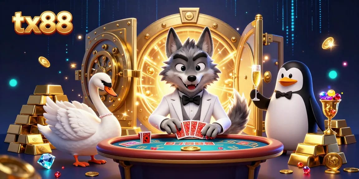 Bet on tx88 with a cartoon wolf at baccarat, elegant swan dealing cards, and penguin sommelier.