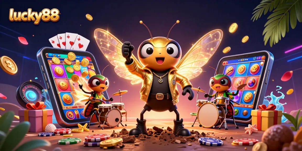 Experience lucky88 excitement with a dynamic illustration featuring a rock star cicada, playing cards, and golden coins.