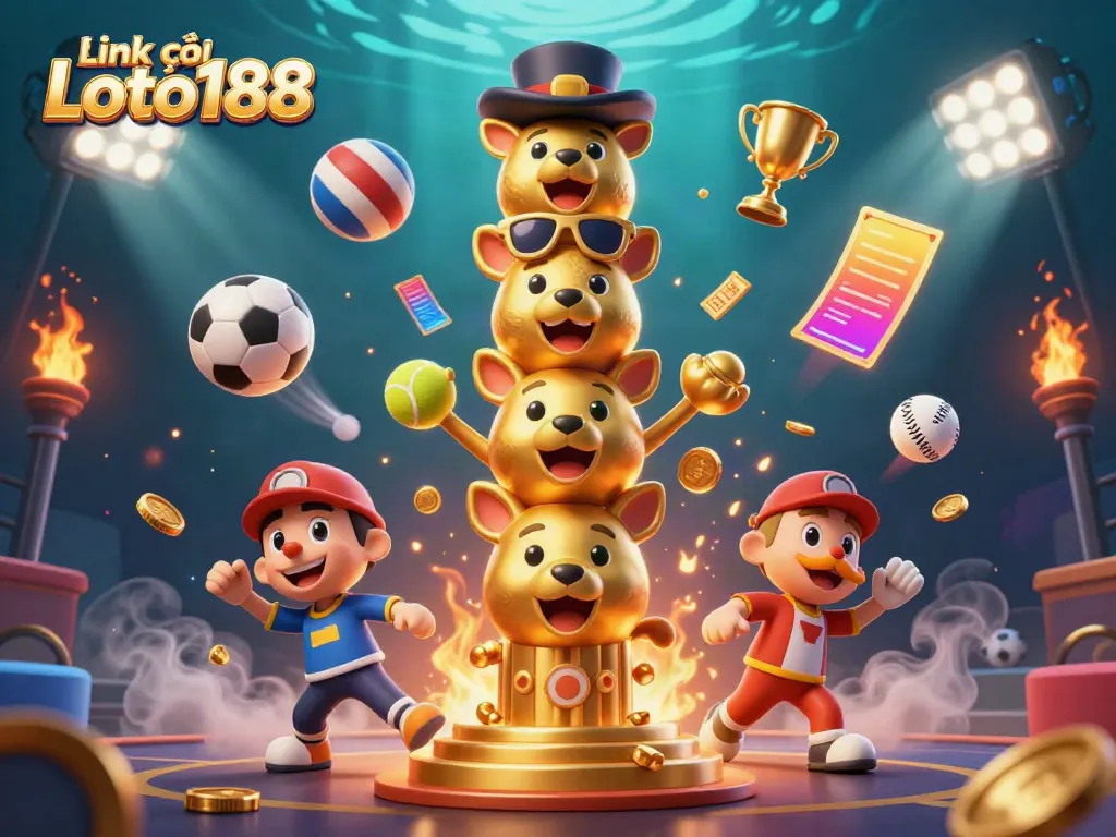 Engage with Link vào Loto188 in a vibrant, dynamic 3D casino illustration showcasing sports betting elements and a golden totem pole.