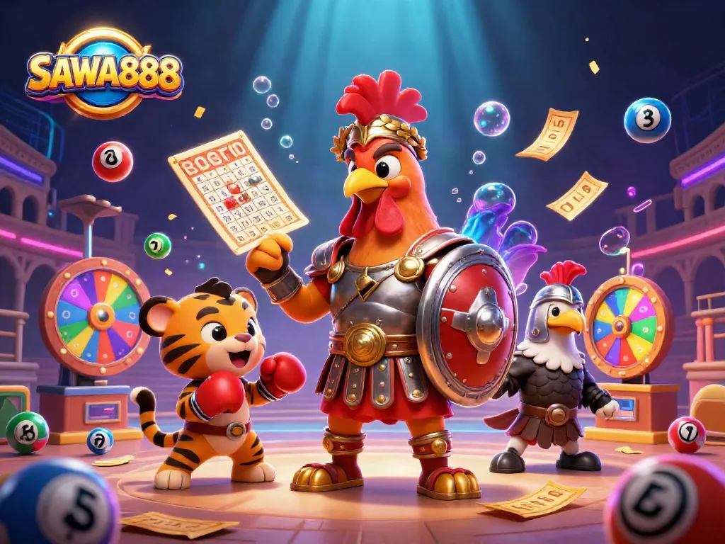SAWA888 engages players with vibrant lottery elements in a dynamic casino-themed illustration.