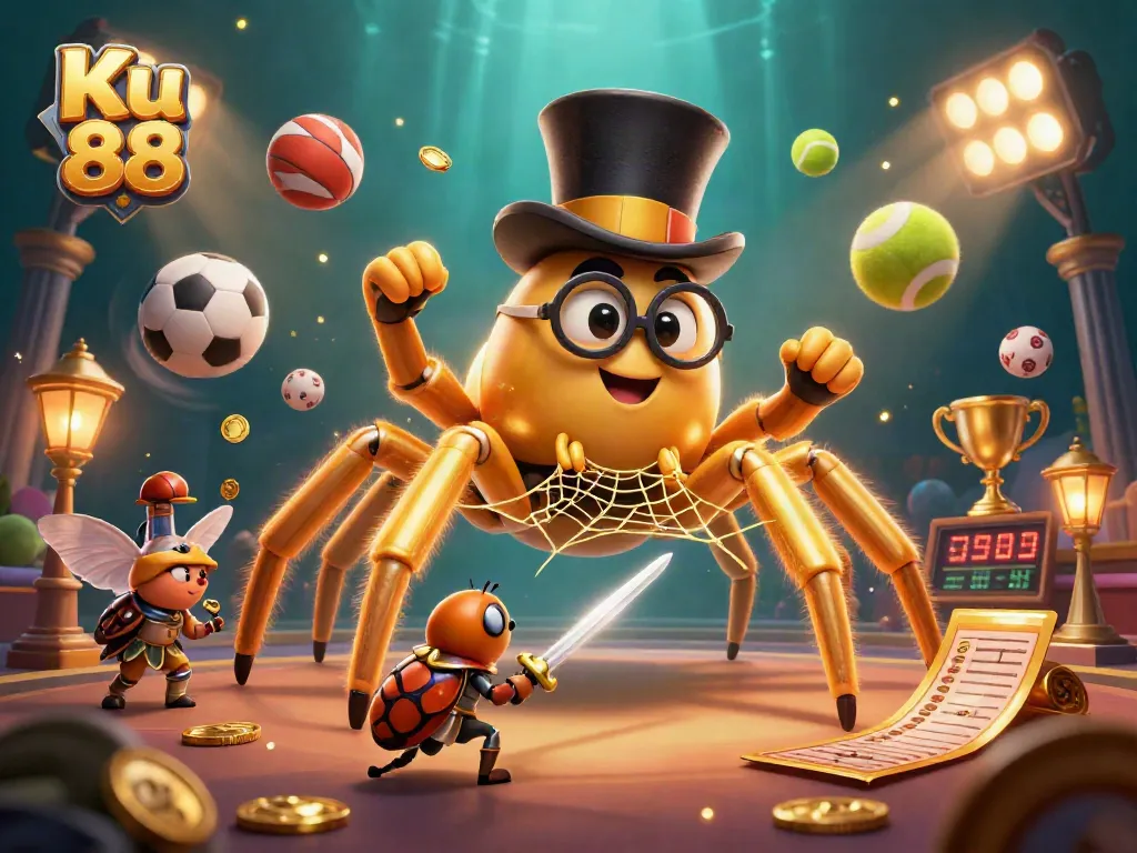 Ku 88 offers dynamic sports betting excitement with a golden tarantula and knight in a vibrant casino scene.