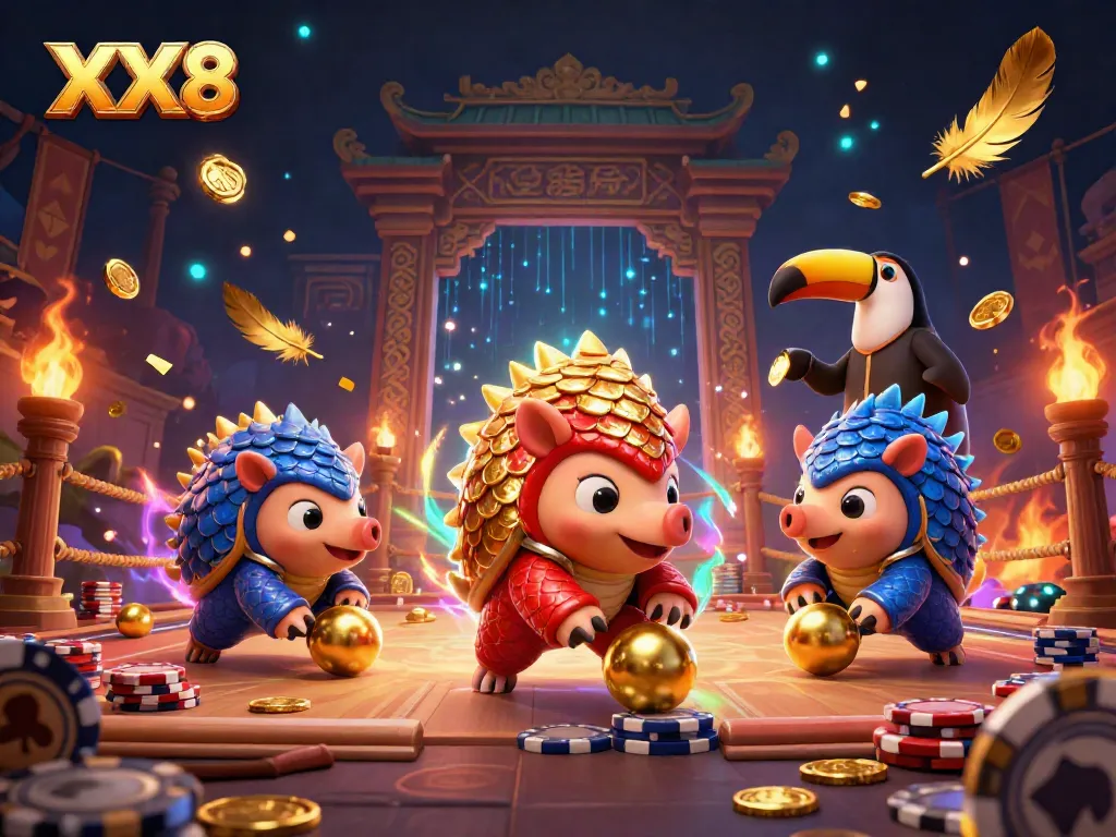 Experience thrilling gameplay with XX8 as pangolins roll poker chips and golden balls.