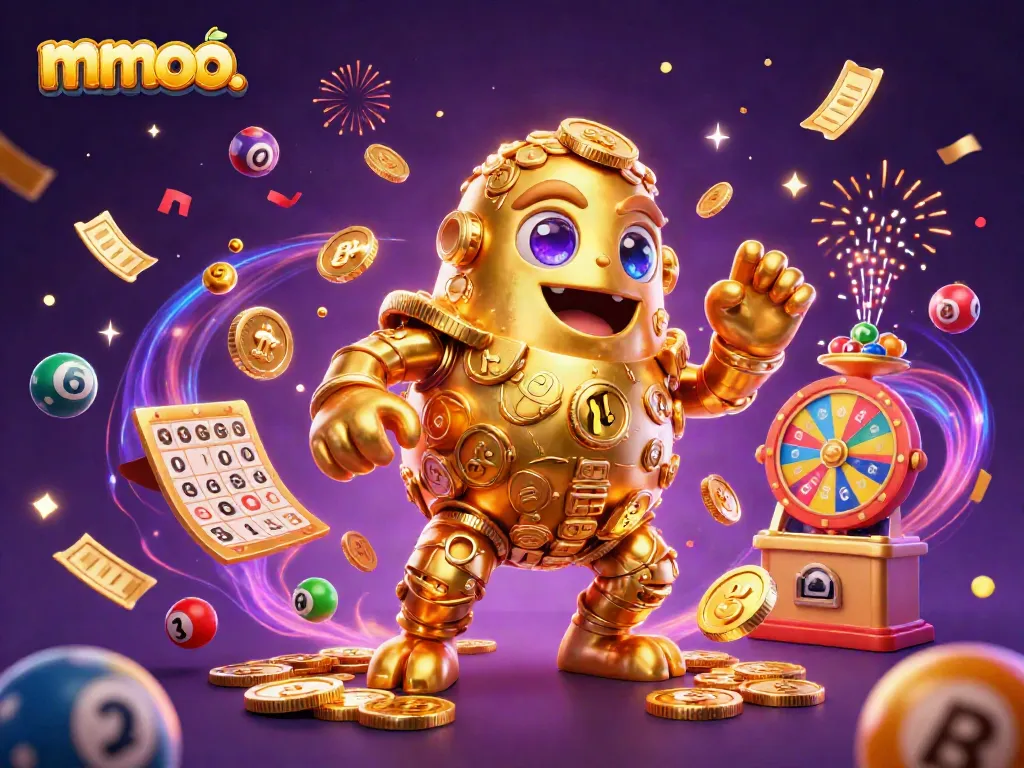 Engage in mmoo. with a colorful and dynamic lottery scene featuring a golden golem and bouncing balls.