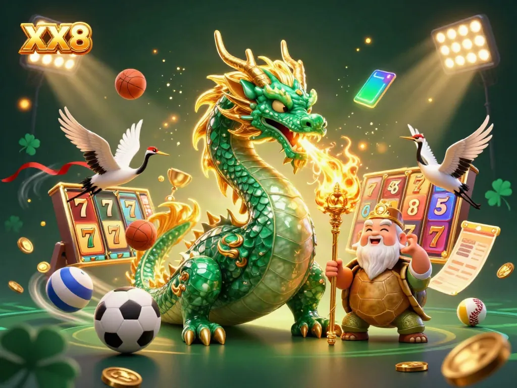 Experience the thrill of XX8 with a vibrant illustration of a jade dragon and lucky symbols.