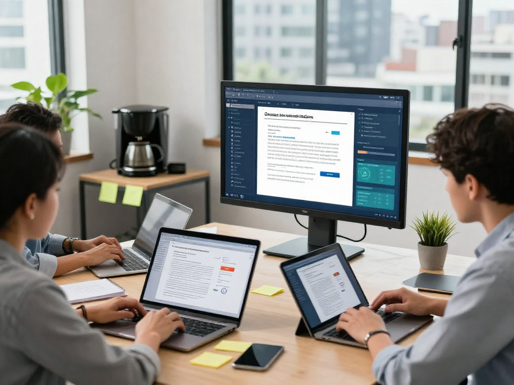 Document fraud detection team analyzing digital documents with alerts in a modern office.