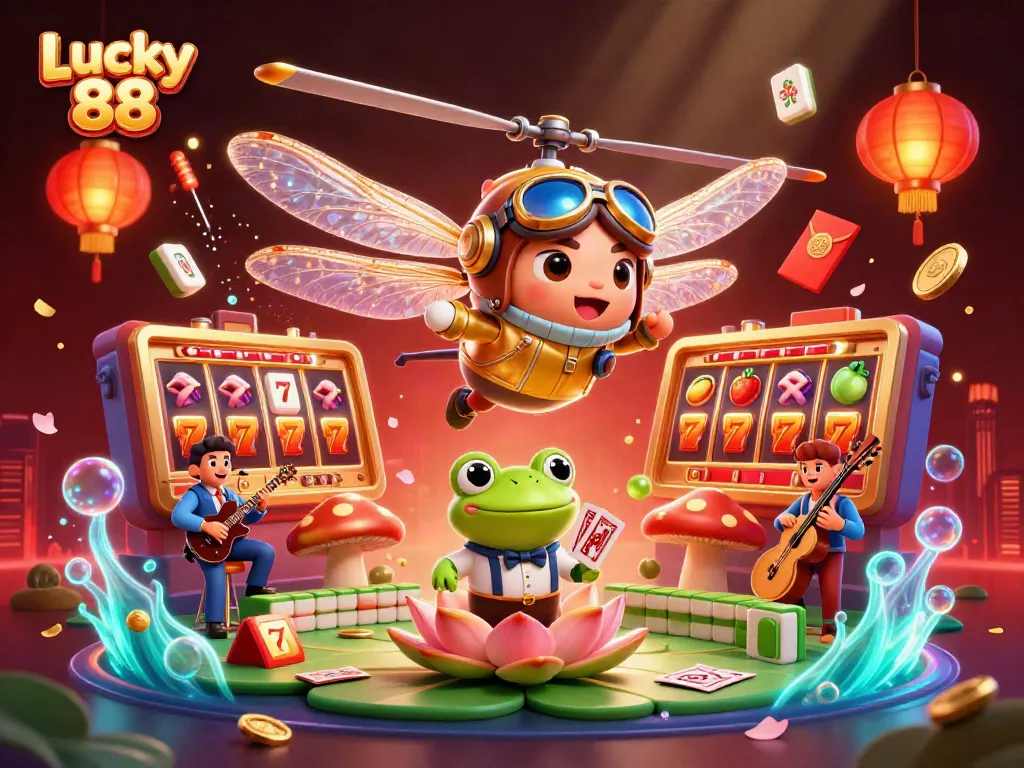 Spin the Lucky 88 slot reels with excitement in this vibrant casino scene featuring dynamic characters.