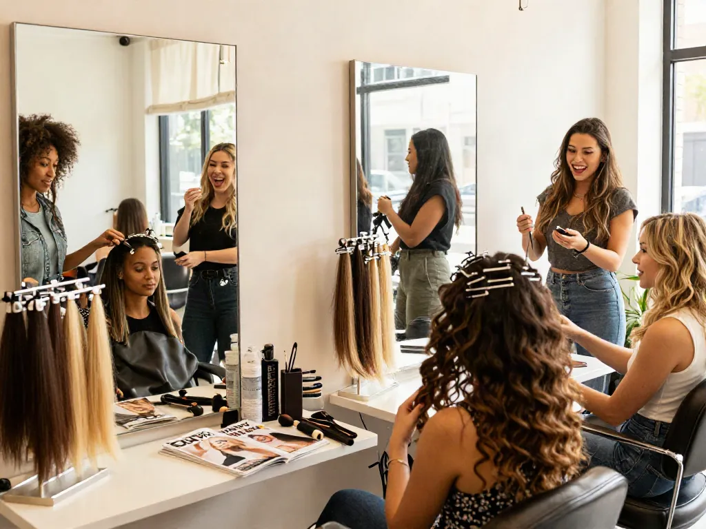 Women in a salon exploring various hair extensions, showcasing 100% Remy human hair styles.