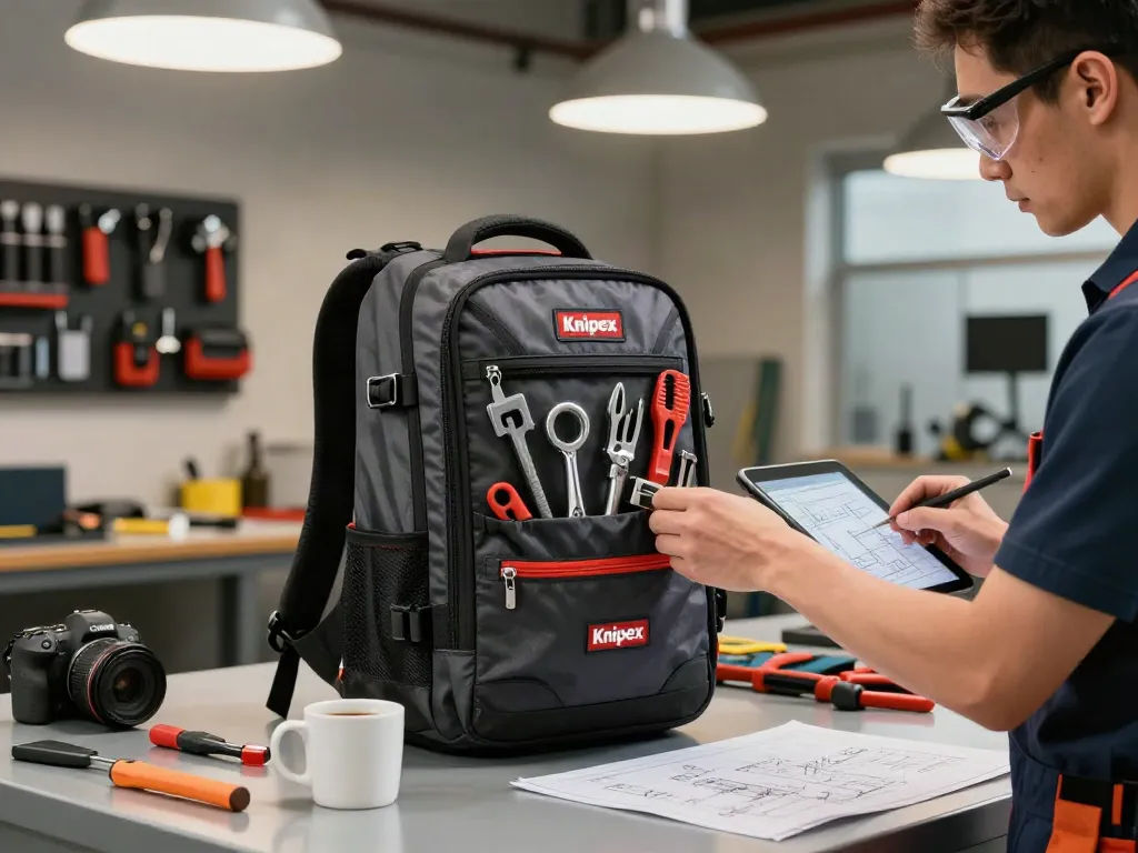 Knipex backpack in use during a workshop, showcasing tools being organized and easily accessible.