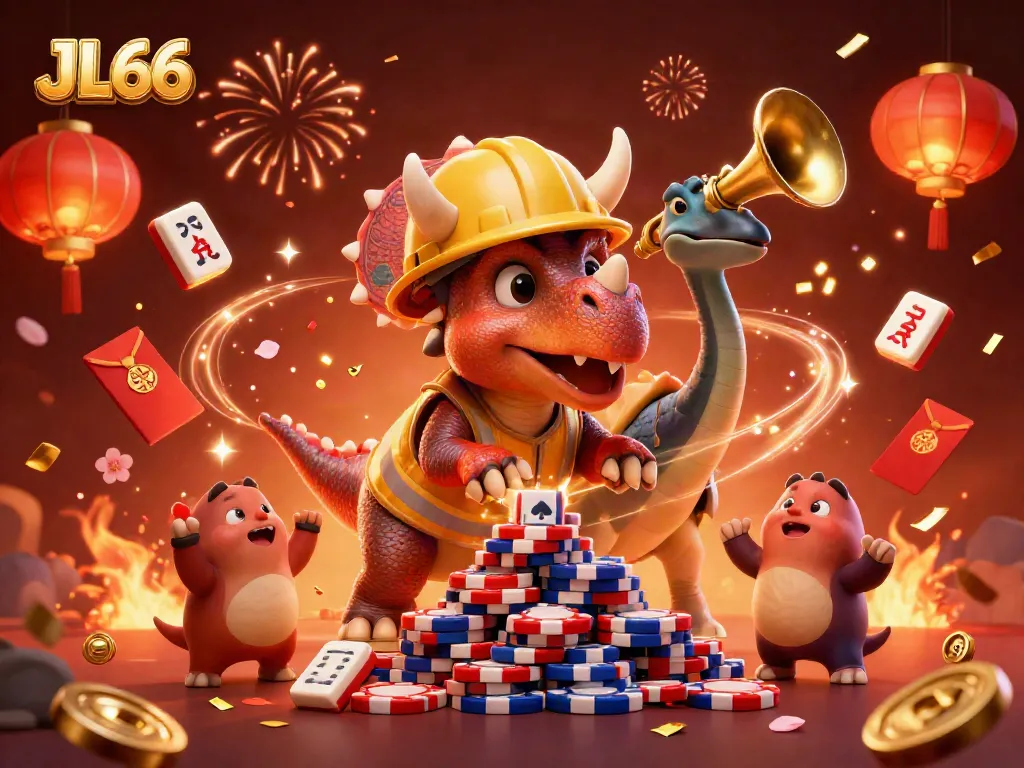 JL66 casino-themed illustration featuring a triceratops building poker chip towers amidst celebratory elements.