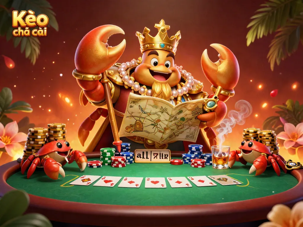Engage with Kèo nhà cái through a vibrant poker scene featuring a golden crab emperor and crabs with chips.