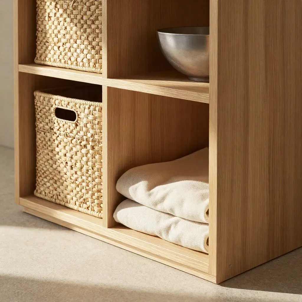 Pale oak KALLAX shelf with woven bins, bowl, and folded blanket in soft fabric.