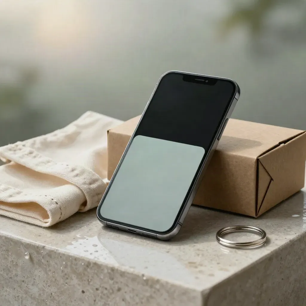 Smartphone, tote, parcel box, key ring and blank plan card on a rain-dappled stone plinth.