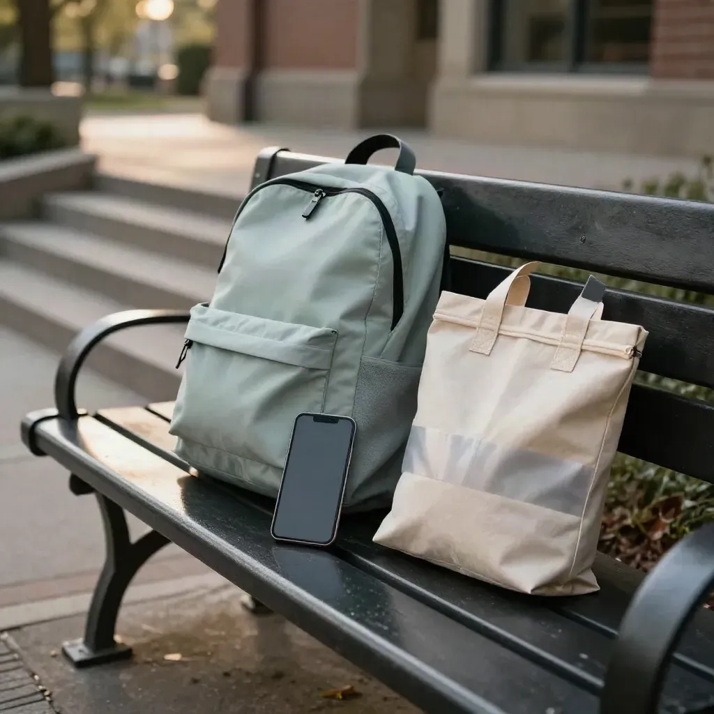 Unmarked phone, tote, pouch and backpack detail on a campus bench in moody light.