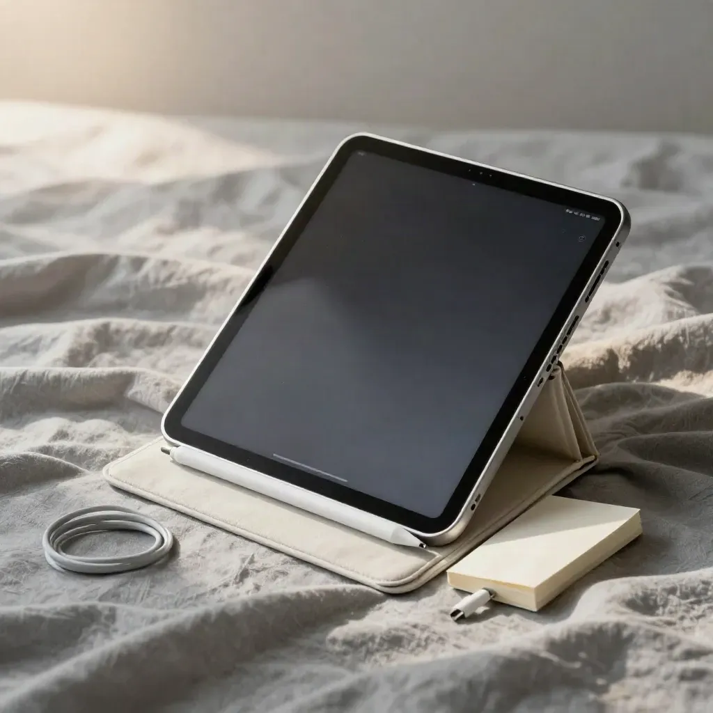 Silver iPad, stylus, sleeve, cable and note case floating in pale muslin on an airy white set.