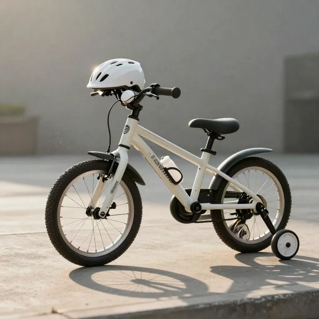 Kids bike with helmet and water bottle rolling on pale concrete in cool haze.
