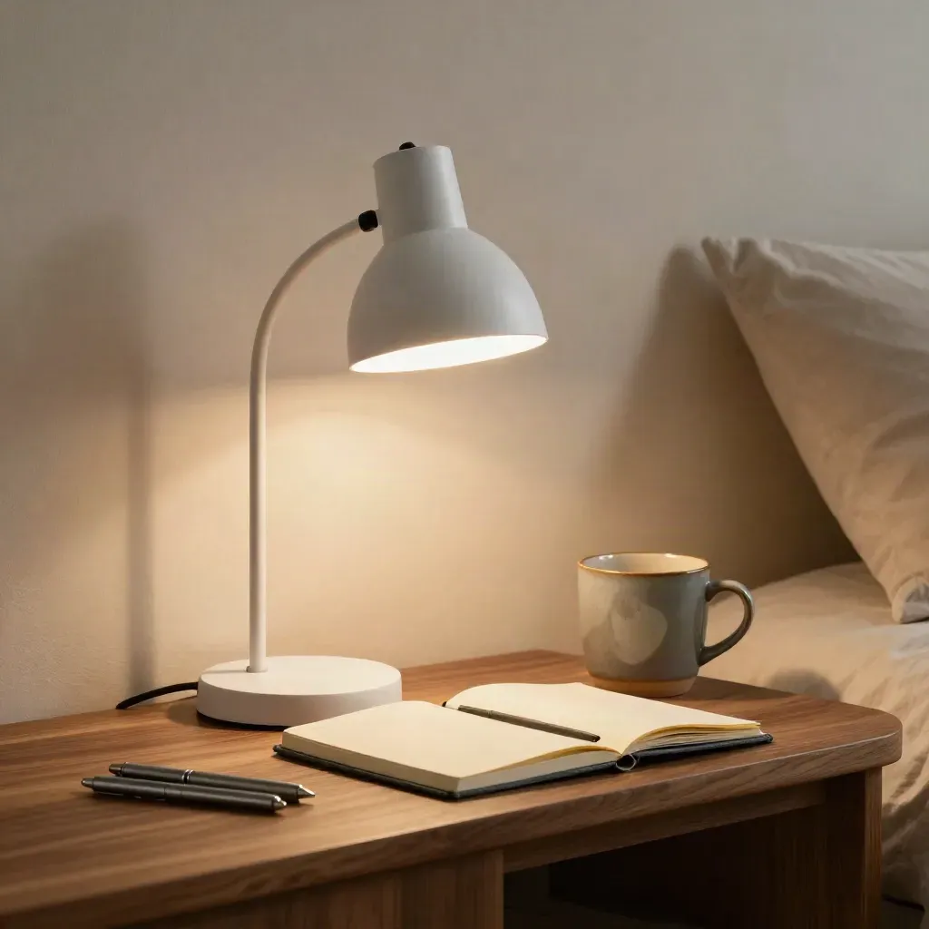 Matte white dorm desk lamp glowing beside a mug, notebook, and pens on a walnut bedside ledge.