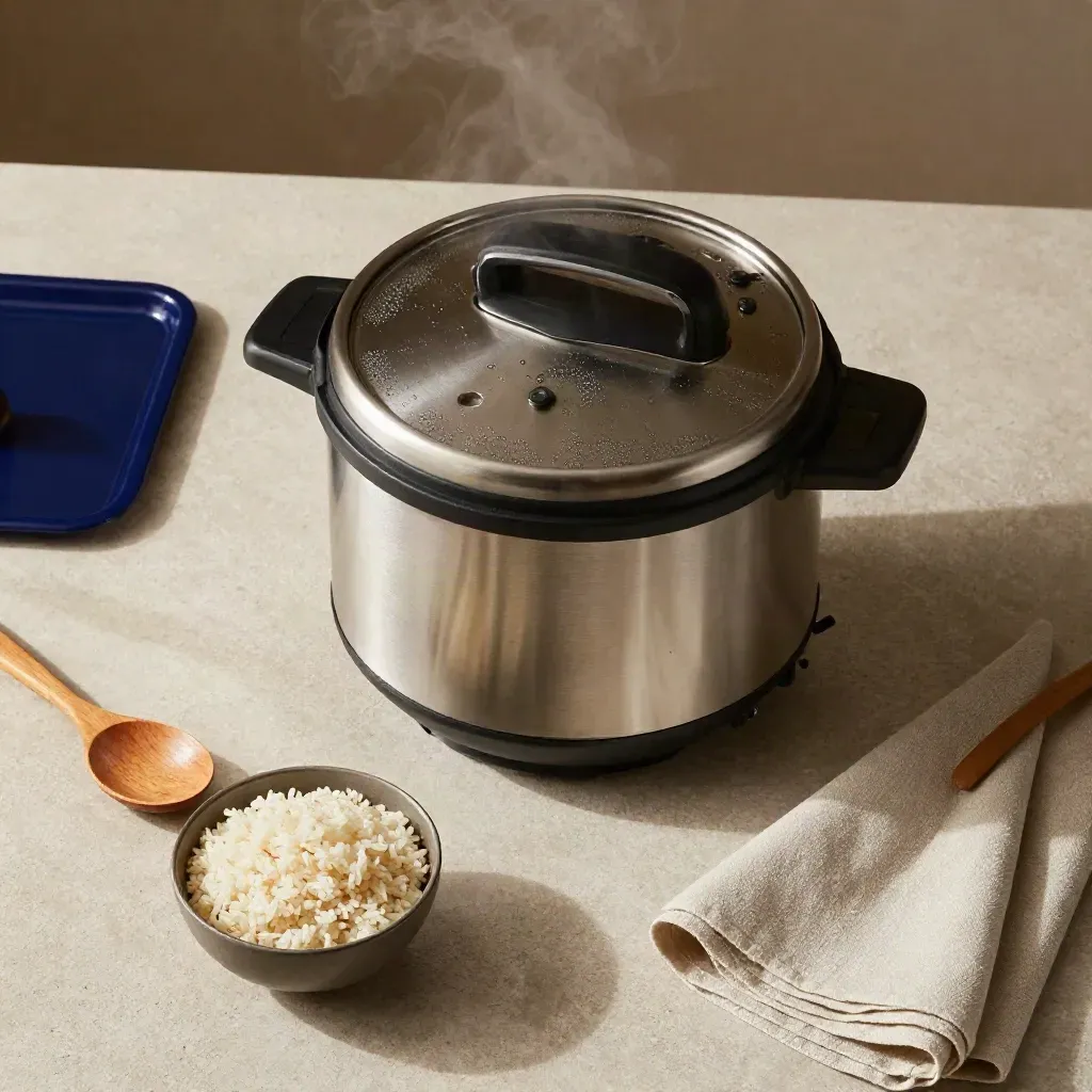 Overhead flatlay of a multicooker with rice, spoon, napkin, and steam on stone.