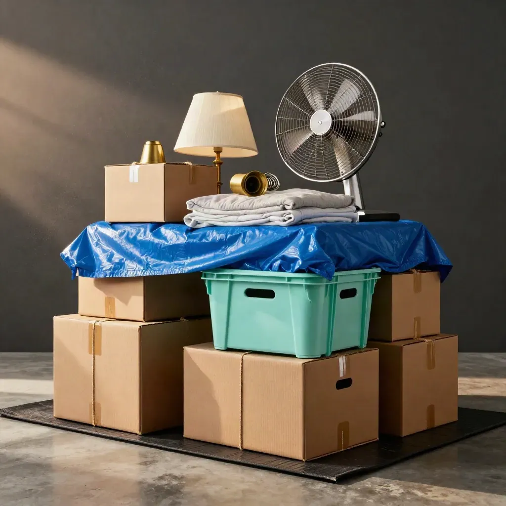 Move-out swap bundle of boxes, crate, tarp, bedding, lamp parts, and fan in dramatic loading motion