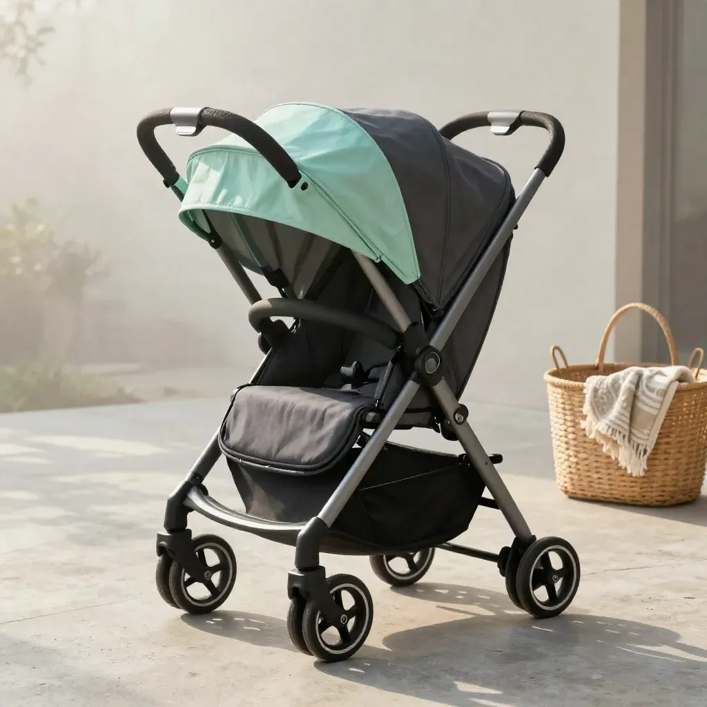 Foldable stroller beside a basket, rain cover and blanket on pale concrete, softly lit in morning mist.