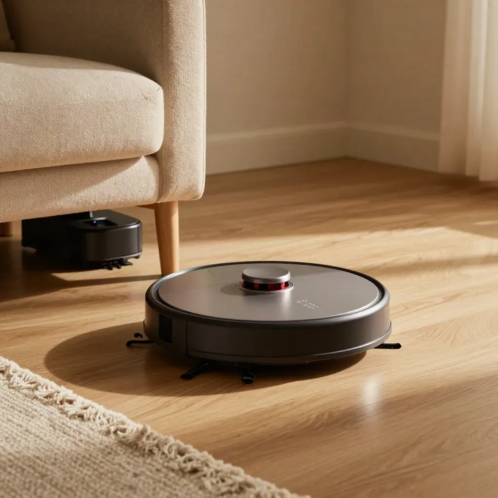 Robot vacuum gliding under a chair on light oak beside a dock and wool rug fringe.
