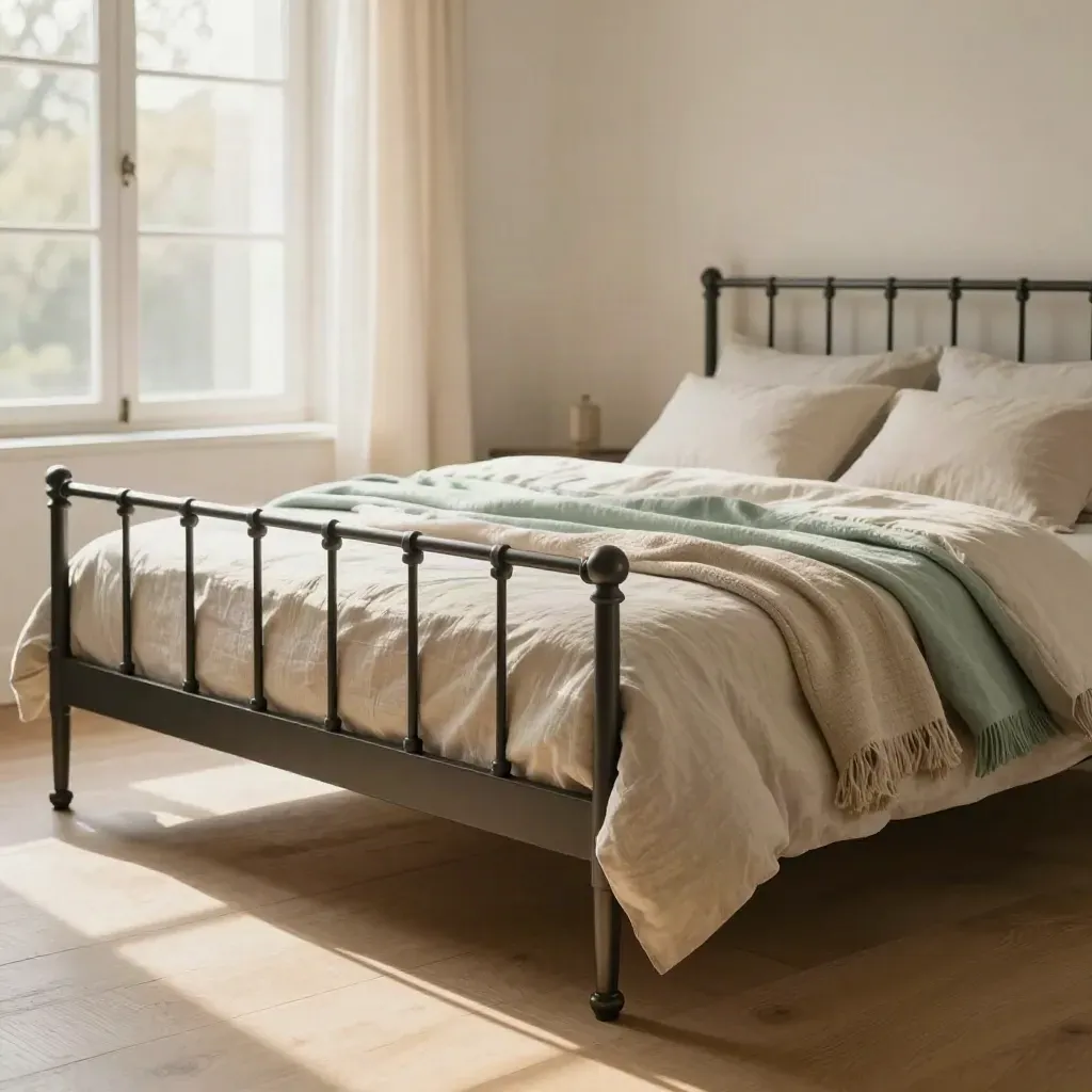 King-size metal bed frame with linen bedding in a bright airy bedroom, low foot-of-bed angle.