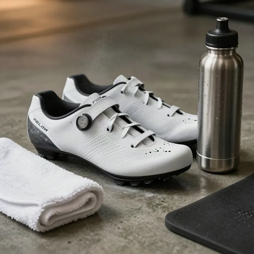 Macro of white cycling shoes beside a towel, bottle and mat on concrete after a workout.