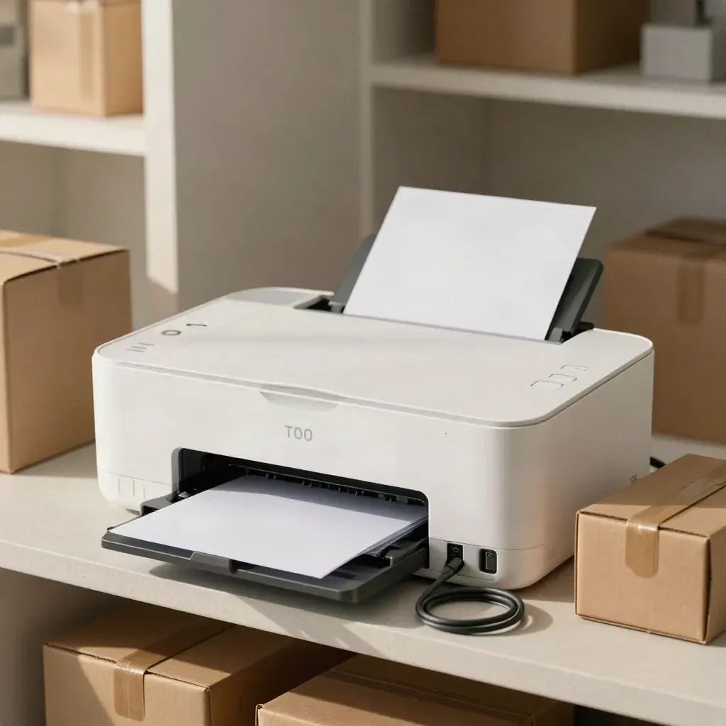 White wireless printer with open tray, paper feeding, cable loop and shipping box on a bright shelf.