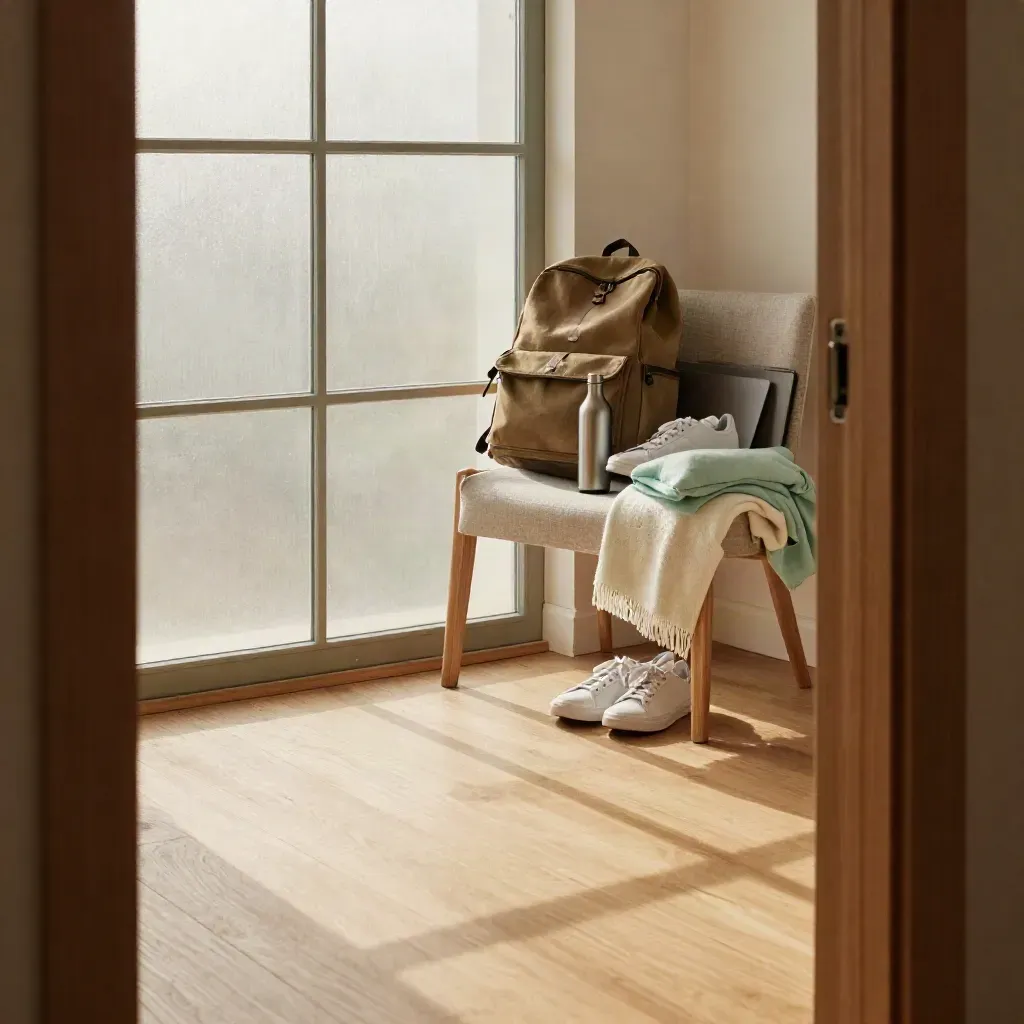 Sunlit student loft with chair, backpack, sneakers, and soft morning window glow.