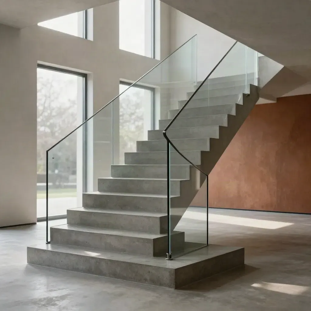 Sunlit concrete stair landing with glass rail and steel frame, calm open floor below.
