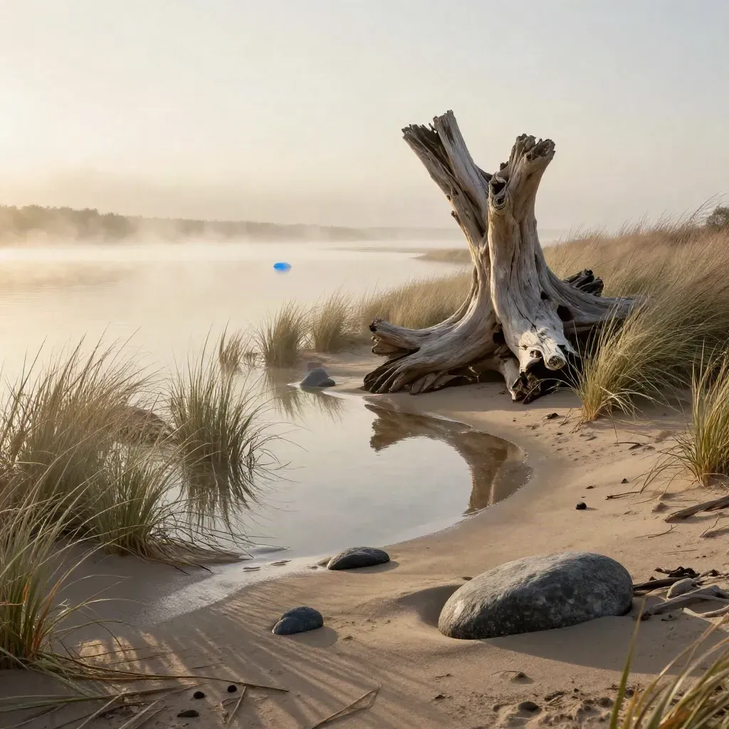 Driftwood and pale grasses above still water in soft sunrise haze