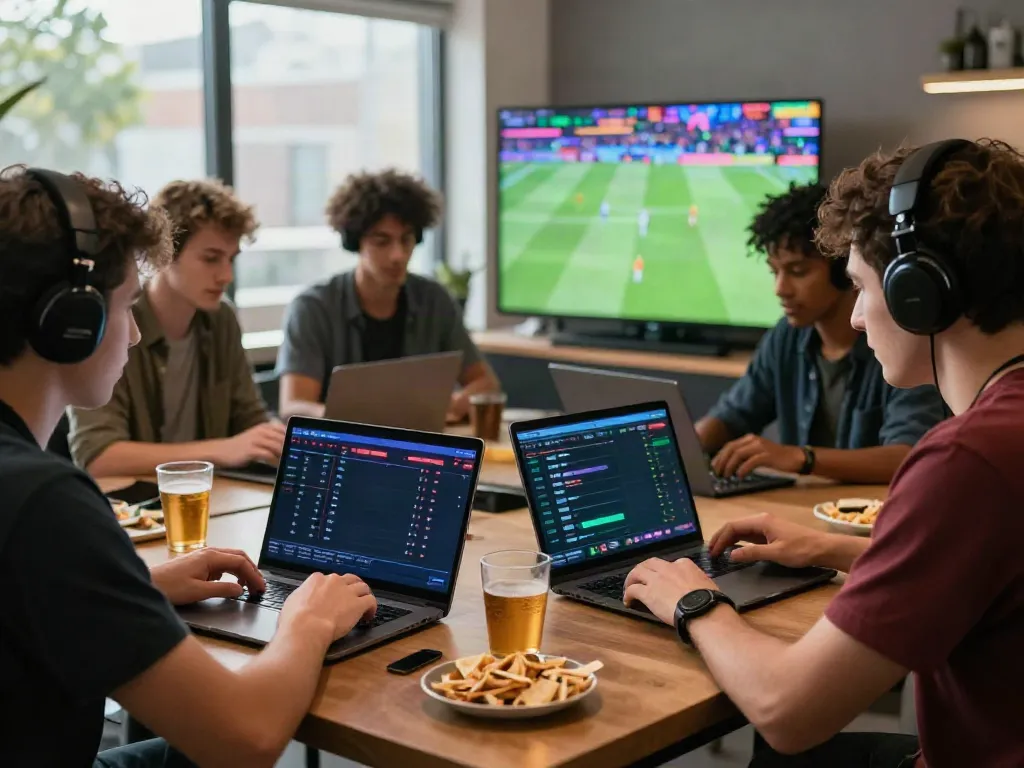 A thrilling live betting experience at DEBET showcasing players engaging through smartphones and laptops while watching matches.