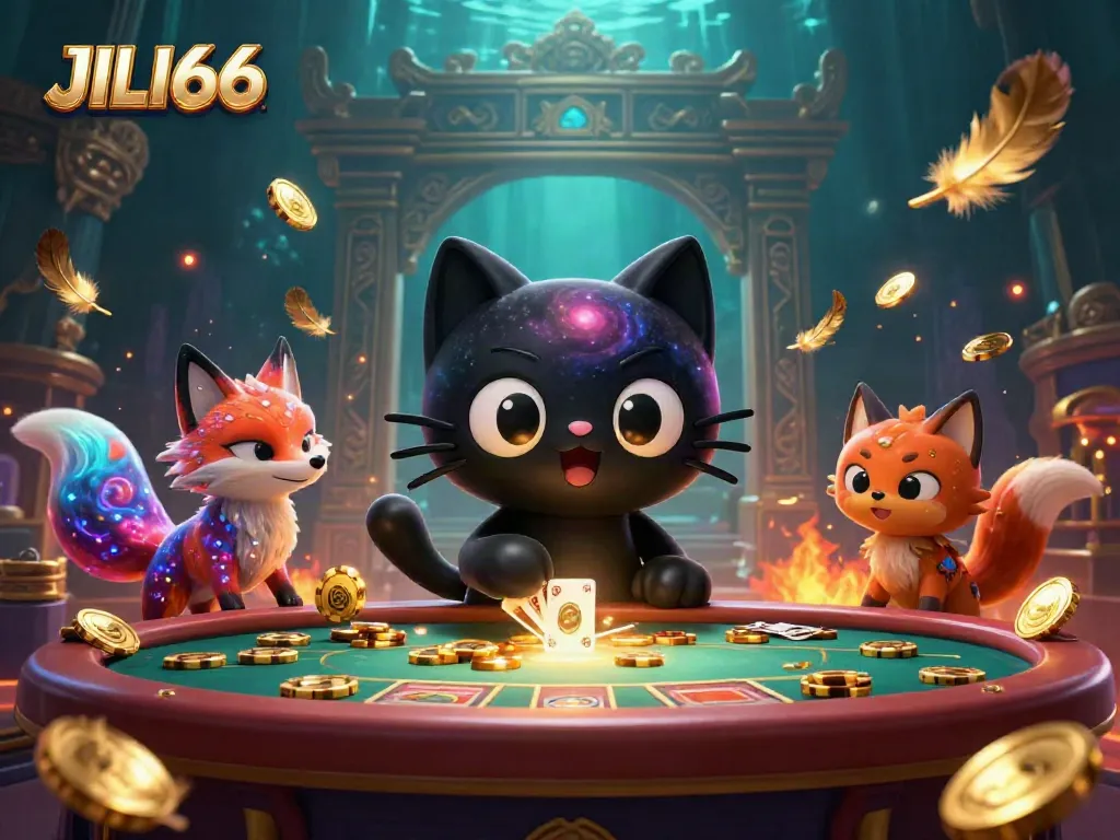 Engage with the cosmic thrill of JILI66, featuring a whimsical black hole cat and colorful nebula fox amidst a vibrant casino.