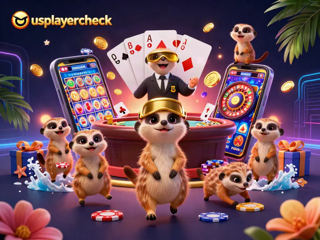 usplayercheck showcases lively meerkats operating a dynamic casino, featuring games and vibrant elements.