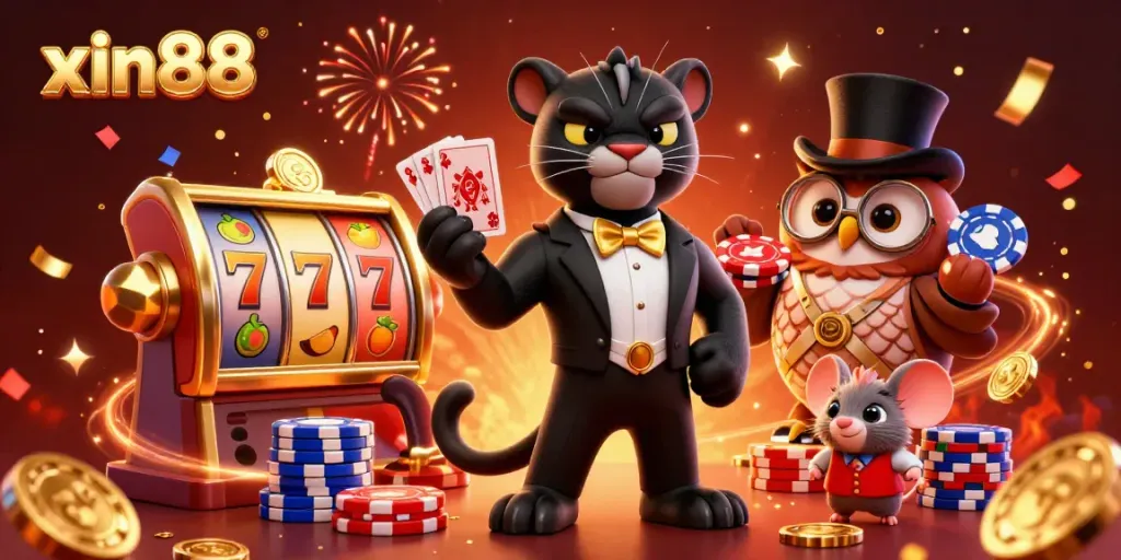 Experience thrilling gaming action with xin88's vibrant casino illustration, showcasing a panther dealer and charming characters.